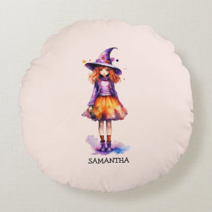 Pastel Cute Witch Girl - Halloween Aesthetic (2) Round Pillow