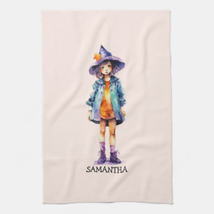 Pastel Cute Witch Girl Halloween Aesthetic  Kitchen Towel