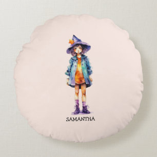 Pastel Cute Witch Girl Halloween Aesthetic Round Pillow