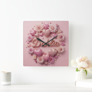 Pastel Dahlia Bloom Art with Hearts Square Wall Clock