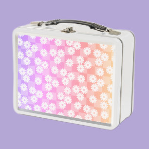 Pastel Daisy Chequerboard Retro Floral Metal Lunch Box
