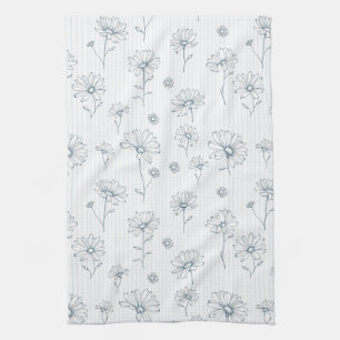 Pastel Daisy Line Art Stripe (2) Kitchen Towel