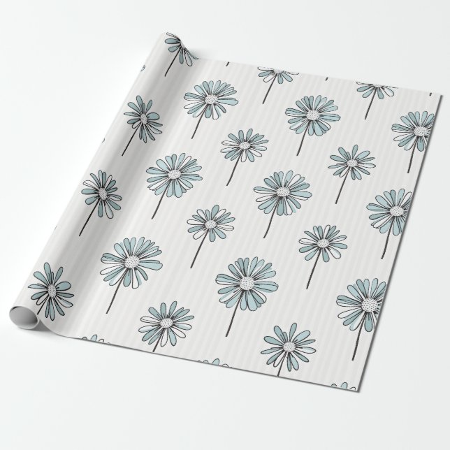 Pastel Daisy Line Art Stripe Wrapping Paper (Unrolled)
