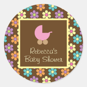 Pastel Daisy Pattern Brown with Pink Baby Carriage Classic Round Sticker