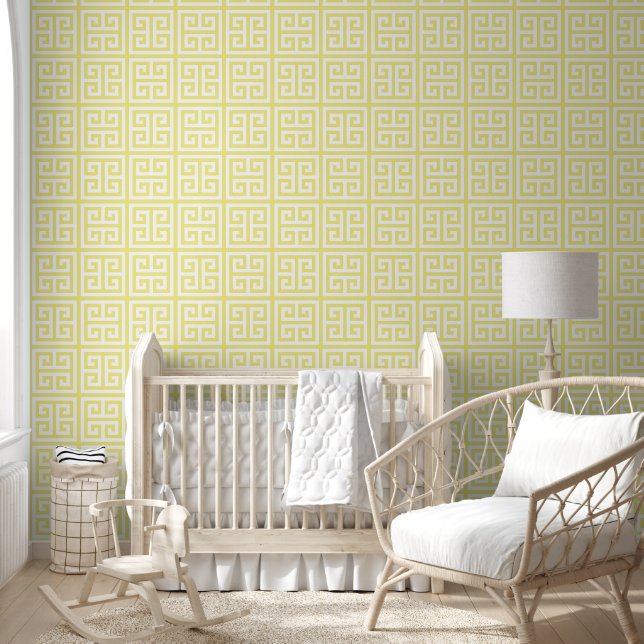 Pastel Dandelion Yellow and White Large Greek Key Wallpaper (Kids)