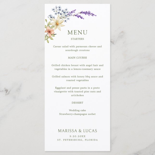 Pastel Delicate Wildflowers Wedding Menu (Front)