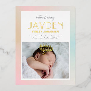 Pastel Delight Foil Birth Announcement Postcard