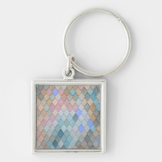 Pastel Diamond Pattern Mermaid Blue Green Pink Keychain (Front)