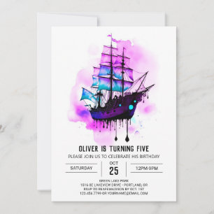 Pastel Digital Waves Pirate Birthday Invitation