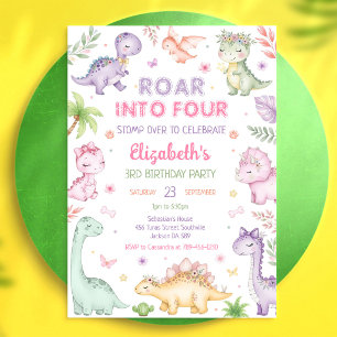 Pastel Dinosaur Roar Into Four Girl 4th Birthday Invitation