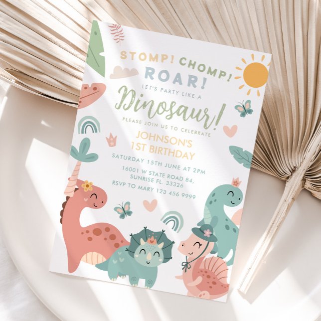 Pastel Dinosaur Stomp Chomp Roar 1st Birthday  Invitation (Creator Uploaded)
