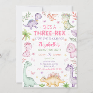 Pastel Dinosaur Three Rex Girl 3rd Birthday Invitation