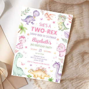 Pastel Dinosaur Two Rex Girl 2nd Birthday Invitation