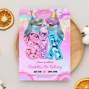 Pastel Dolphin Pool Party 6th Birthday Invitation