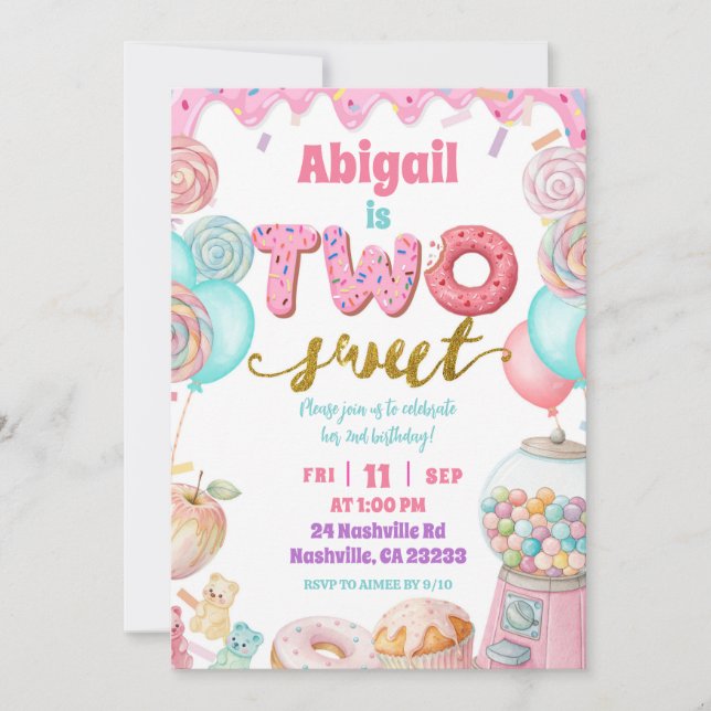 Pastel Donut Two Sweet 2nd Birthday party Invitati Invitation (Front)
