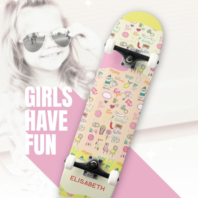 Pastel Doodle Pattern Cute Girls Pink Skateboard (Cute Pastel Doodle Pattern Girls Name Fun Skateboard ©Susanne Sachers - Sunny Wanderlust 🌞✈️)
