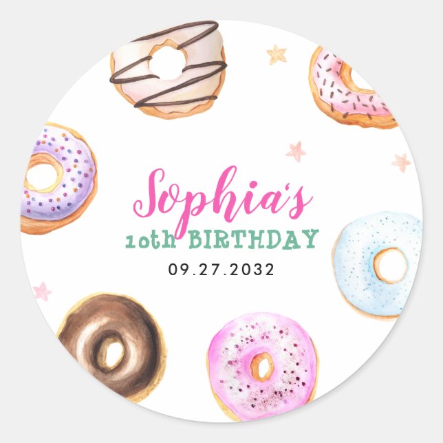 Pastel Doughnut Star Sprinkles Pink Script Birthda Classic Round Sticker (Front)