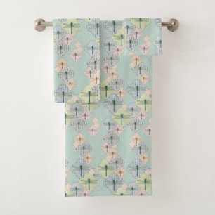Pastel Dragonfly Pattern Blue Coastal Illustration Bath Towel Set