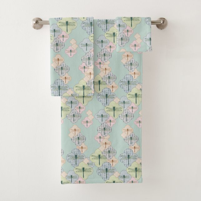 Pastel Dragonfly Pattern Blue Coastal Illustration Bath Towel Set (Insitu)