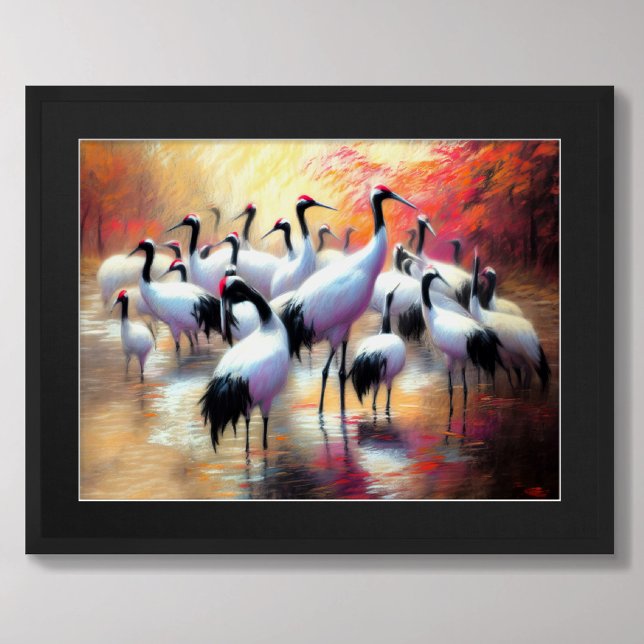 Pastel Drawing Chinese Red-Crowned Cranes Feeding Poster (Creator Uploaded)