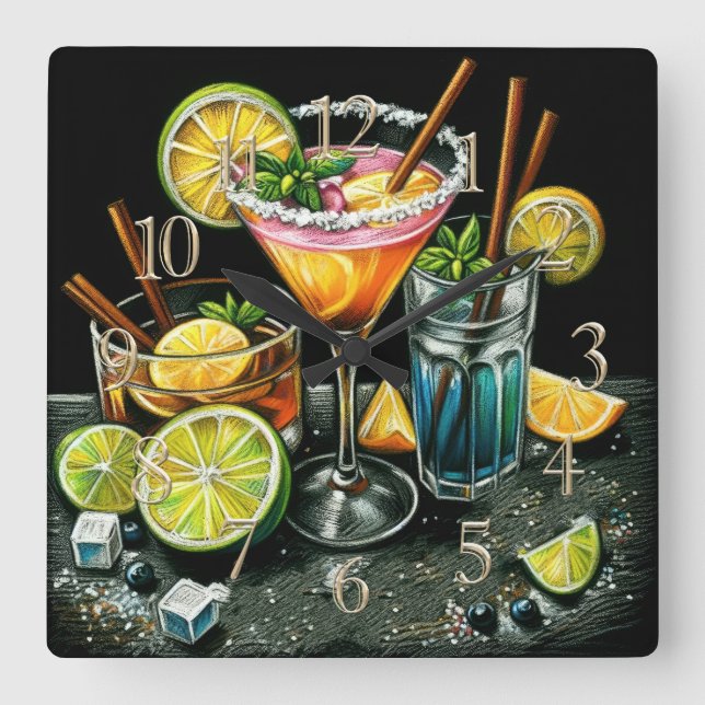 Pastel Drawing Cocktails Citrus Wedges Square Wall Clock (Front)