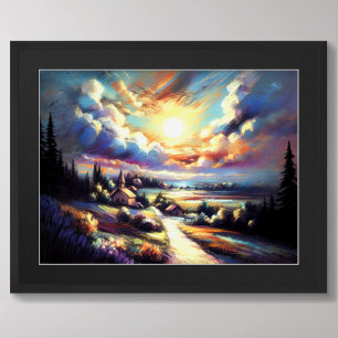 Pastel Drawing Colourful Nighttime Landscape  Poster