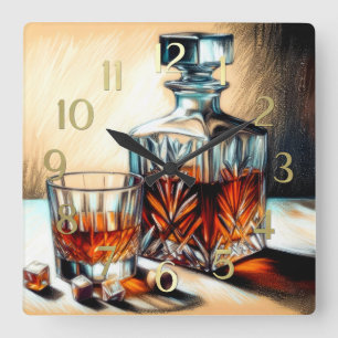 Pastel Drawing Glass of Liquor Crystal Decanter Square Wall Clock