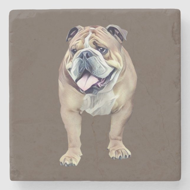 Pastel Drawing Happy Bulldog Marble Stone Coaster (Front)