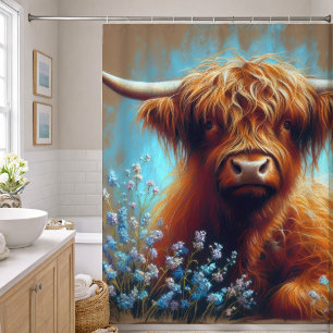 Pastel Drawing Highland Cow Blue Flowers