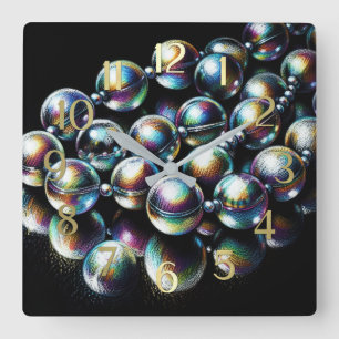 Pastel Drawing Iridescent Beads on Black Square Wall Clock
