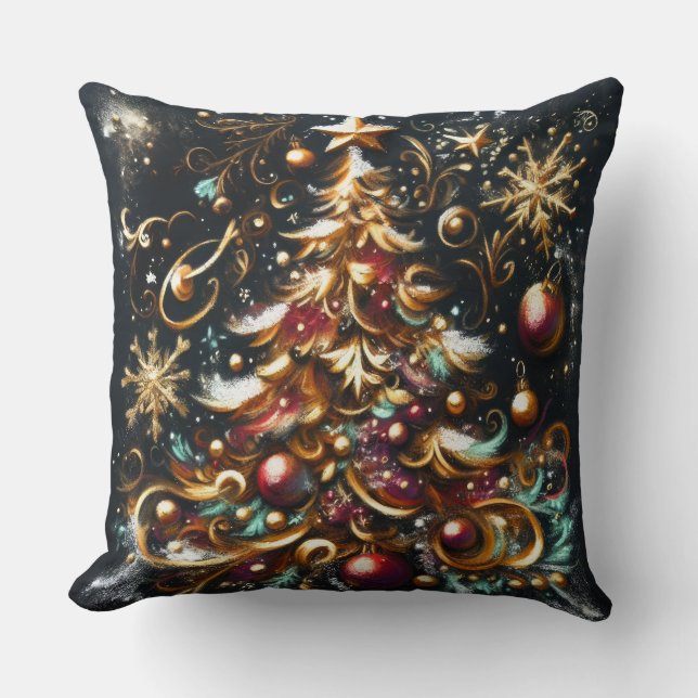 Pastel Drawing of a Christmas Tree Whimsical Throw Pillow (Front)