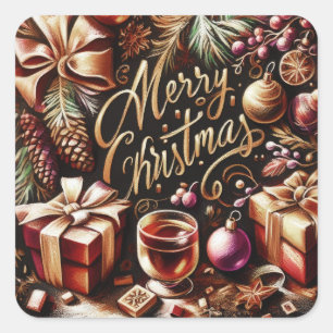 Pastel Drawing of a Christmas Whimsical Square Sticker
