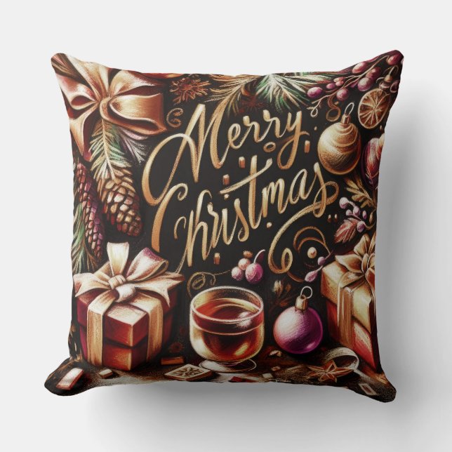 Pastel Drawing of a Christmas Whimsical Throw Pillow (Front)