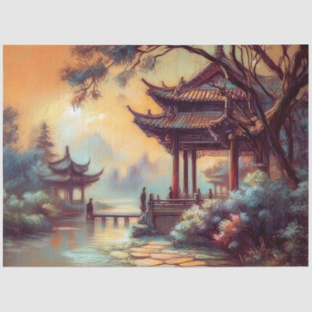 Pastel Drawing of Ancient Chinese Pagoda Village Tissue Paper (Front)