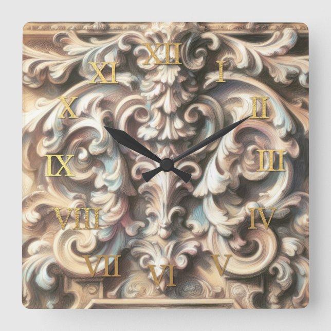 Pastel Drawing of Architecture Ornate Stone Carved Square Wall Clock (Front)