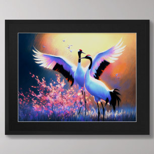 Pastel Drawing of Chinese Red-Crowned Cranes Pair  Poster