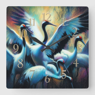 Pastel Drawing of Chinese Red-Crowned Cranes Square Wall Clock