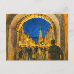Pastel drawing of Danzig city gate view to Neptune Holiday Postcard