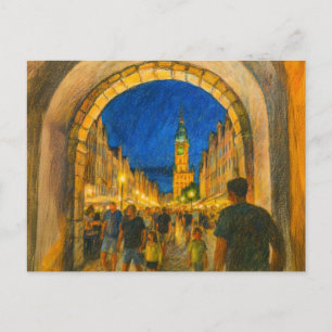 Pastel drawing of Danzig city gate view to Neptune Holiday Postcard