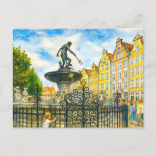 Pastel drawing of Danzig’ Neptune Fountain on Long Holiday Postcard
