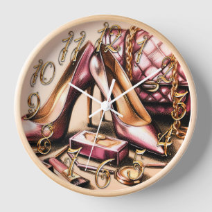 Pastel Drawing Pink Heels Purse Cosmetics Clock
