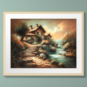 Pastel Drawing Vintage Style Landscape Water House Poster