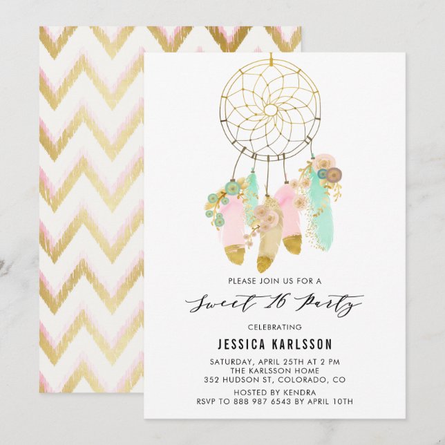 Pastel Dreamcatcher Faux Gold Foil Sweet 16 Party Invitation (Front/Back)