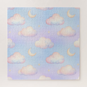 Pastel Dreamy Clouds Crescent Moon Pattern Jigsaw Puzzle