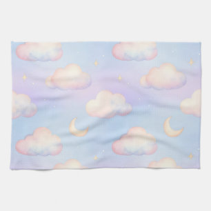 Pastel Dreamy Clouds Crescent Moon Pattern Kitchen Towel