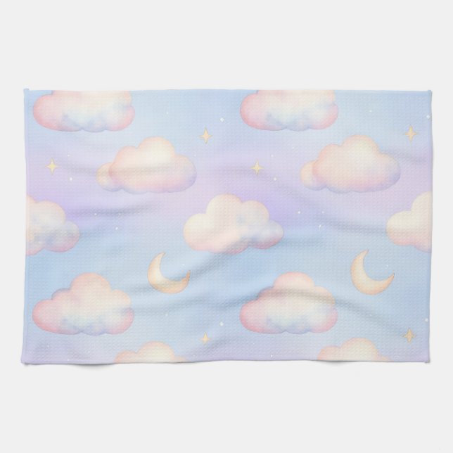 Pastel Dreamy Clouds Crescent Moon Pattern Kitchen Towel (Horizontal)