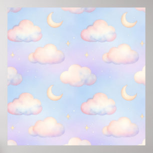 Pastel Dreamy Clouds Crescent Moon Pattern Poster