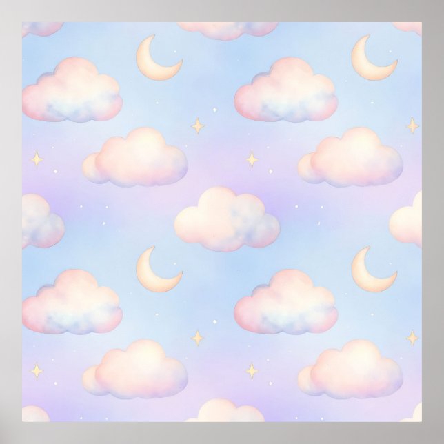 Pastel Dreamy Clouds Crescent Moon Pattern Poster (Front)