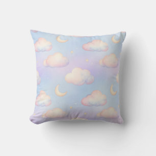 Pastel Dreamy Clouds Crescent Moon Pattern Throw Pillow