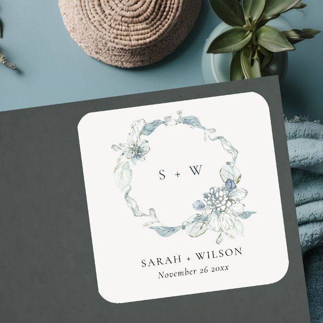 Pastel Dusky Blue Floral Wreath Wedding Monogram  Square Sticker (Creator Uploaded)